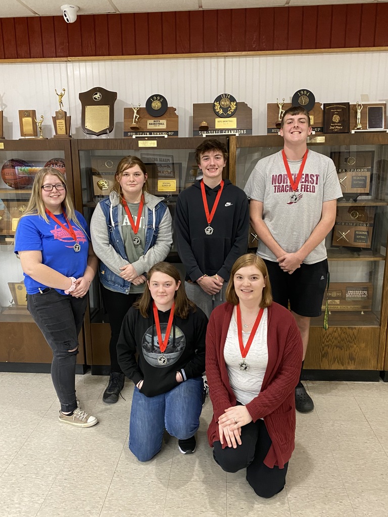 Congratulations to our Northeast Scholars Bowl Team on their 2nd place finish at their home invitational!  Left to Right (Back Row) Taylor Lacher, Morgan Smith, Dawson Troth, Blake Goodwin.  Front Row Serenity Hoy, Coach Kourtney Yantis 