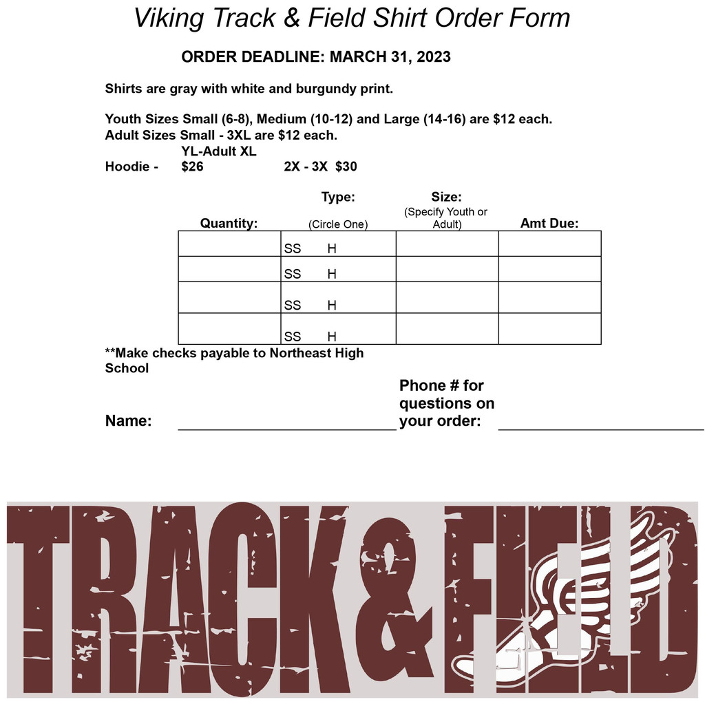 2023 Track & Field Shirt order form for NHS and NJH